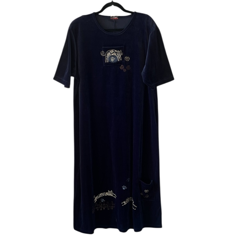 Vintage Liebe Vintage L/XL Dark Blue Velvet Cat Print Maxi Dress